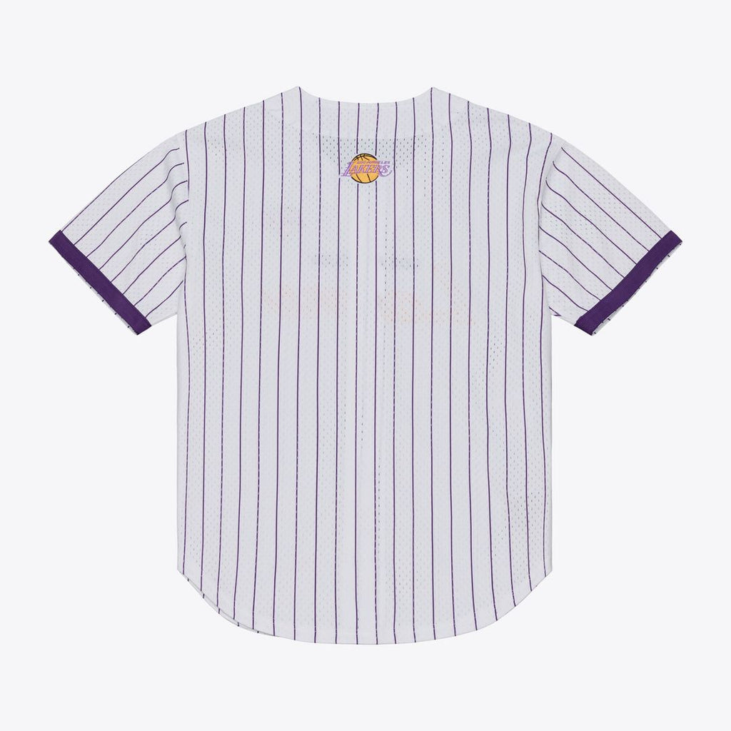 Los Angeles Lakers Mitchell & Ness Head Coach Pinstripe Mesh Full - Button Baseball Jersey - White
